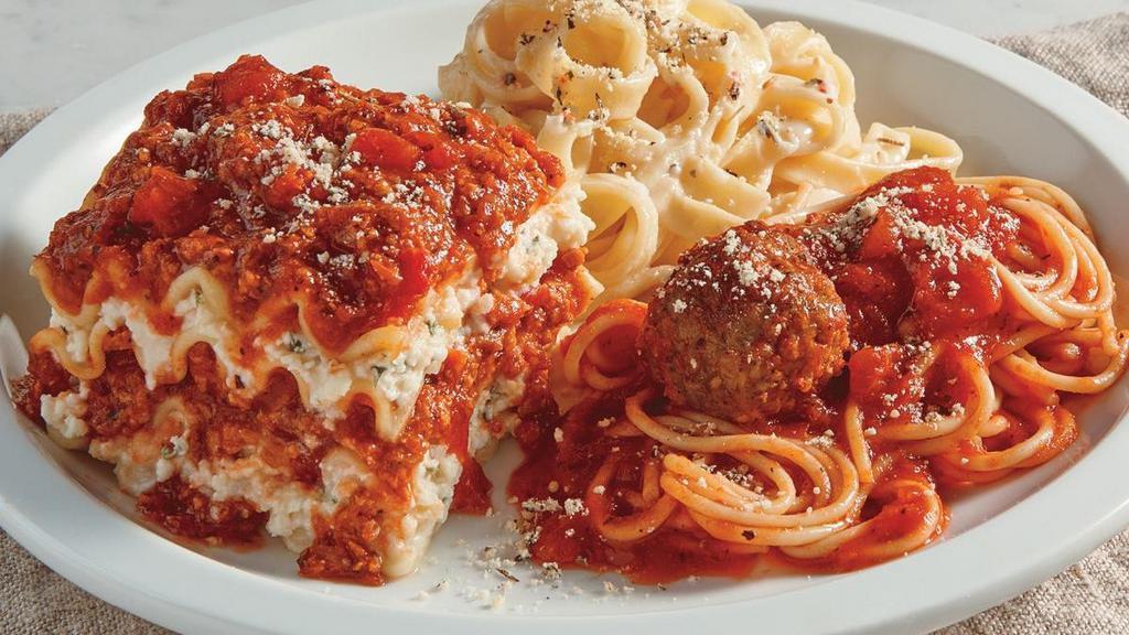 Classic Sampler · Fettuccine Alfredo, Lasagna with Meat Sauce and Spaghetti and Meatball.. Includes 2 of our Signature Garlic Breadsticks. If you're looking to add an additional side or toppings, please visit the Sides/Extras section of the menu.
