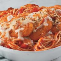 Chicken Parmigiano · Spaghetti covered in Marinara Sauce with Crispy Chicken Breast covered with Alfredo Sauce, M...