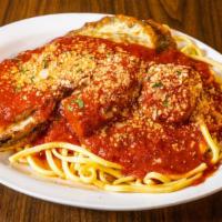 Combination Half Eggplant Half Spaghetti · Our famous Eggplant with a side of Homemade Style Spaghetti with Meatballs or Sausage.