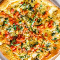 Small White Pizza · Cheese, fresh tomato, fresh garlic and basil, Italian spices and Olive Oil.