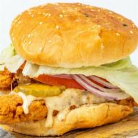 Fire Fried Chicken Burger · Fried Chicken Breast with white cheese, lettuce, tomatoes, pickles, our secret sauce, ketchup.