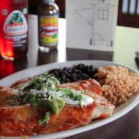 Enchiladas  · Made to order. Choice of meat in two enchiladas, topped with either green sweet and spicy to...