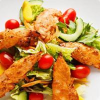 5 - Spiced Chicken (R6) · Gluten free. Romaine lettuce, pickled onions, cucumbers, tomatoes, cilantro, garlic soy aiol...