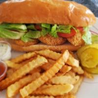 Fish Sandwich  · Mayo, Lettuce and tomato on French roll
Meal w 1side  choice 
Spaghetti, Potato salad, Green...