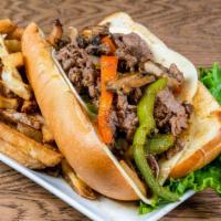Philly Steak Sandwich · Grilled tender steak smothered with green peppers, mushrooms, onions and topped with melted ...