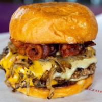 Triple B Burger · Made with American & Swiss Cheese, Bacon, BBQ Sauce, Mayo, Grilled Onion & Pickle