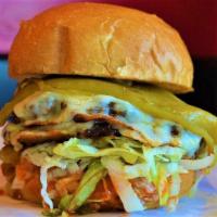 Hatch Burger · Made with Pepper Jack Cheese, Hatch Green Chile, Mayo, Hot Peppers, Lettuce & Hot Sauce