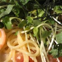 Spaghetti Calamari & Mentaiko · Spicy cod roe, sprouts, Japanese basil, and seaweed, Japanese broth