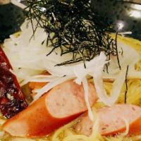 Spaghetti Wafu Kurobuta Sausage & Kinoko · Japanese mushrooms, white onion, and seaweed, Japanese-style soy sauce broth