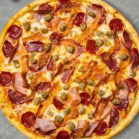 Meatier Shower Pizza · Mozzarella, pepperoni, chicken, and sausage baked on a hand-tossed dough