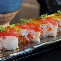 Tuna & Avocado Oshi  · Gluten-Free. Spicy. 6pcs. spicy tuna, rice, topped w/tuna, avocado, poke sauce, sesame seeds...