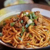 Dan Dan Noodle 担担面 · Spicy. steam noodles w/ground pork, bean sprout, peanuts, green onion
