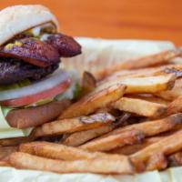 Bro Burger · 1/4 beef patty with a hot link sausage. Made with mayonnaise, lettuce, tomato, onions, pickl...