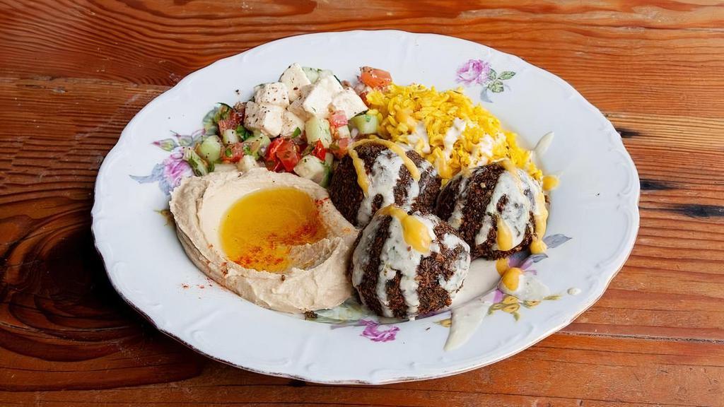 Falafel Plate · hummus, chop salad, eggplant, rice, pita, amba, zhoug, tahini.  Served with pita bread. (dish is gf, pita is not)