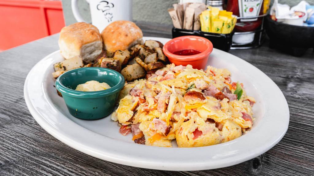 Black Oak Kielbasa · New. Three scrambled eggs, combined beef, pork & turkey sausage, smoked to perfection with bell peppers, onions, tomato, topped with jack & cheddar cheese.
