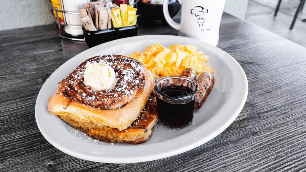 Cinnamon Roll French Toast Combo · Large fresh baked cinnamon roll dipped in our special egg batter.