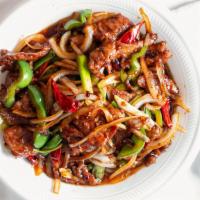 Mongolian Beef · Hot and spicy. With steamed rice.