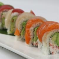 Rainbow Roll (8Pcs) · California Roll. Topped with assortment of raw fish. Items may contain raw and/or undercooke...