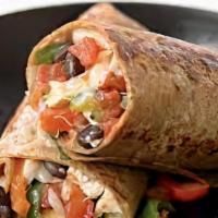 Fajita Burrito · Chicken, bell peppers, onion (grilled), with sour cream, guacamole, rice and pinto beans.