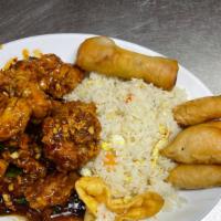 Combo E · Egg roll & crab puff, general tso's chicken (Spicy), fried shrimp, egg fried rice.