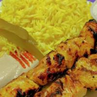 Chicken Kebab · Favorite. Grilled marinated chicken breast cubes and garlic dip. Served with one pita and tw...