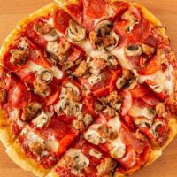 Legendary Combo Pizza · tomato sauce, pepperoni, genoa salami, italian sausage, mushrooms.