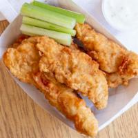 3 Jumbo Chicken Tenders · Served with curly fries or tots, double ranch and dipping sauce.