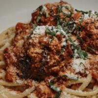 Mama'S Meatballs · New. Bucatini topped with Italian sausage and Kobe beef meatballs housemate marinara and fre...