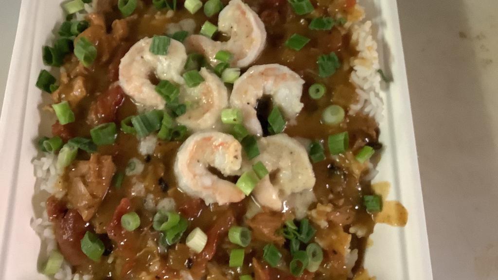 Seafood Gumbo · House special gumbo. Chicken, bacon, andouille sausage, clams, and shrimp served over rice.