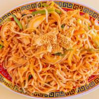 Pad Thai · Thailand best known noodle dish rice noodle with egg green onion bean sprouts and chopped pe...