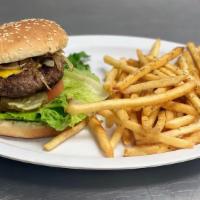 Cheeseburger · 1/4 Pound Burger, Mozzarella, Lettuce, & Tomato  Served with Fries and Coleslaw