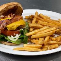 Bacon Cheese Burger · Handcrafted beef patty on grilled bun with lettuce, tomato, cheese, bacon, grilled onion, an...
