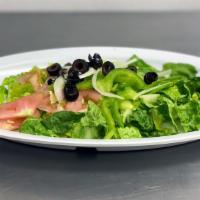 Medium Garden Salad · Fresh Iceberg Lettuce, Tomatoes, Cucumbers, Black Olives, and Banana Peppers