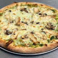 Pesto Pizza · Pesto Sauce, Chicken, Mushroom, Garlic