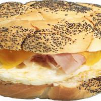 Radio City Breakfast Sandwich · Ham, 2 eggs,  and melted American cheese on a Kaiser roll, with butter, salt, and pepper.