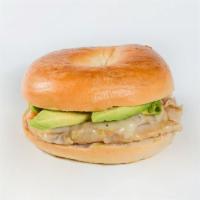 Chaz Bagel Sandwich · Turkey grilled HOT w/ melted Swiss cheese, avocado, on a toasted bagel.