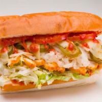 Godzilla Sandwich · Hot. Turkey, chicken breast, pepper jack, lettuce, tomato, onions, jalapenos, sriracha sauce...