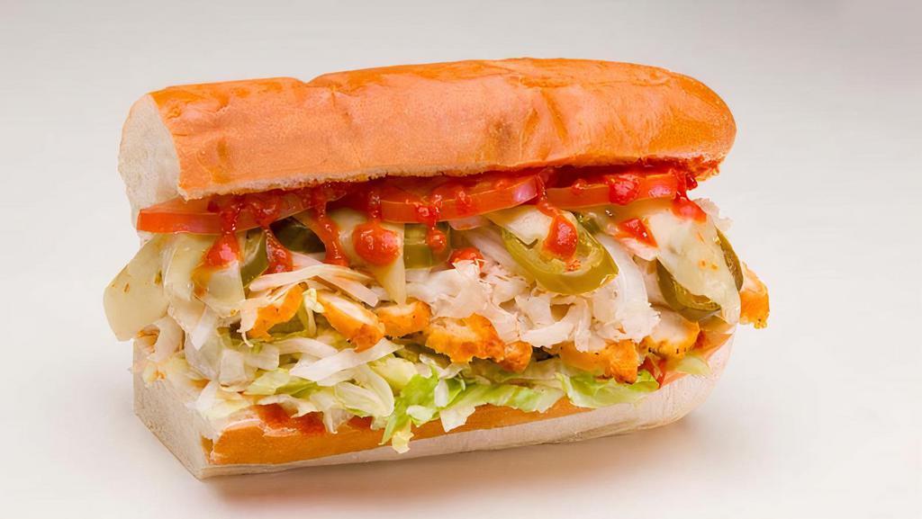 Godzilla Sandwich · Hot. Turkey, chicken breast, pepper jack, lettuce, tomato, onions, jalapenos, sriracha sauce, and mayo.