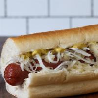 Coney Island Dog · 1/4 lb all beef hot dog with sauerkraut, onion, pickle spear, and spicy mustard.