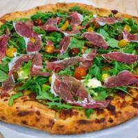 Omg Vegas Meets Italy · Scamorza, ricotta, pistachio, dates, heirloom tomato, arugula, prosciutto, date cream.