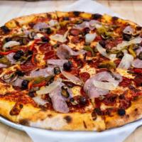 Omg Classic Combo · Sausage, pepperoni, Mediterranean olives,  caramelized onions, mushrooms, bell peppers, crus...