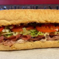 Stack Sandwich (Large) · Roast beef, turkey, smoked ham, salami, and Swiss.