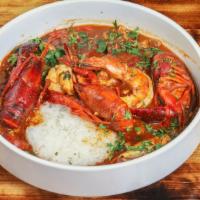 Legends Gumbo · Shrimp, crawfish, chicken, andouille sausage, onion, bell pepper, okra, tomato, red roux, ri...
