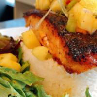 Blacken Salmon With Pineapple Salsa · Spice rubbed pan seared salmon, with rice, and salad
