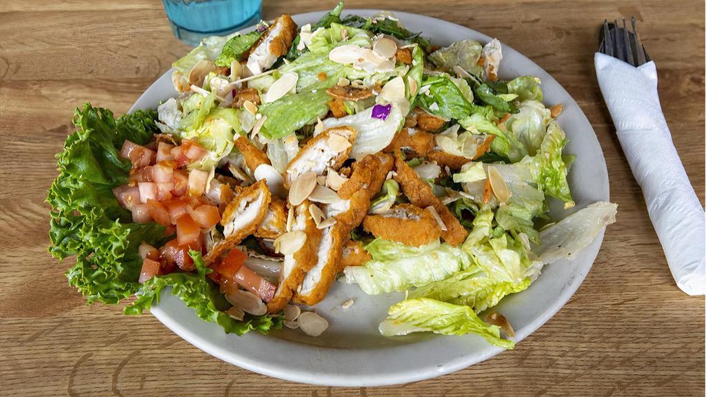 Asian Crispy Chicken Salad · Crispy chicken tenders over green salad mixed with our sweet sesame vinaigrette, fried wonton strips and almonds.