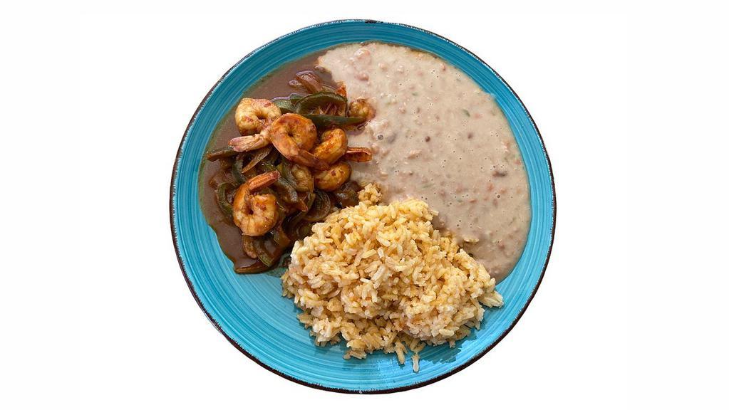 Camarones A La Diabla · Prawns sautéed in a spicy guajillo salsa with bell peppers, onion and jalapeno served with rice and beans.