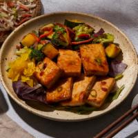 Tofu Veggie Plate · Tofu and mixed veggies with housemade teriyaki sauce, your choice of a base and house salad.