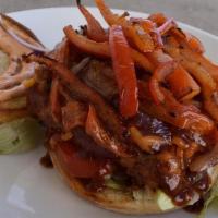 Turkey Burger · Low-fat Cheddar Cheese, Caramelized Red Peppers, Red Onions, Cheat Day Bacon, Homemade BBQ S...