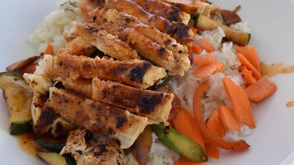 Grilled Chicken Teriyaki Bowl · Grilled Chicken Breast, Low-fat Homemade Teriyaki Sauce, Carrots, Peppers, Onions, Broccoli, Mushrooms