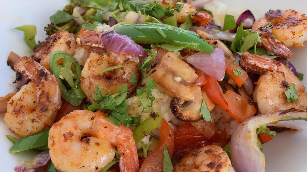 Baja Shrimp Bowl · Shrimp, Tomatoes, Onions, Jalapeños, Lime Juice, Asparagus, House Fire Sauce